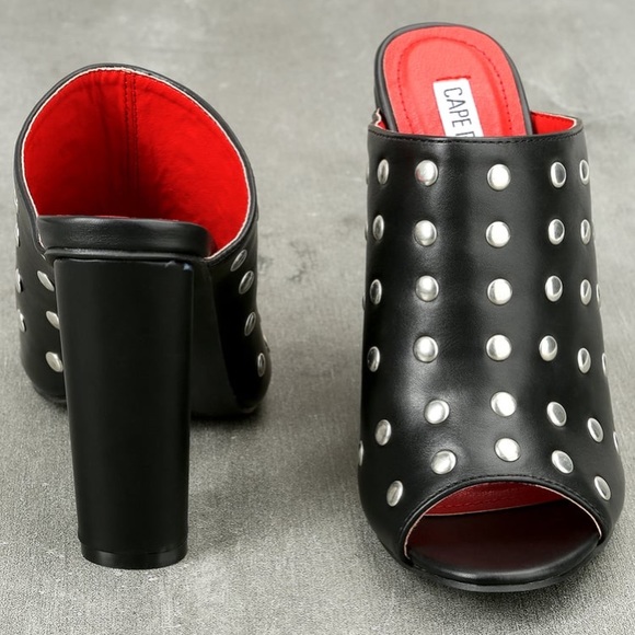 NWB Quinn Black Studded Peep-Toe Heeled Mules - Picture 2 of 9